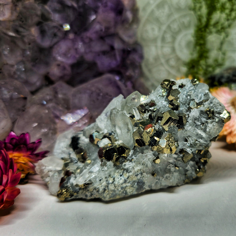 Cubic pyrite & quartz cluster